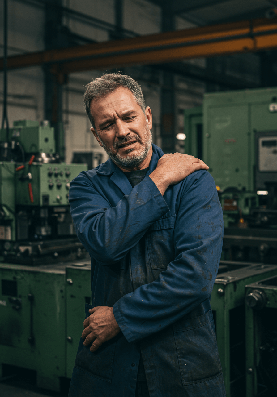 Factory worker in a blue uniform holding his shoulder in pain, with machinery in the background.