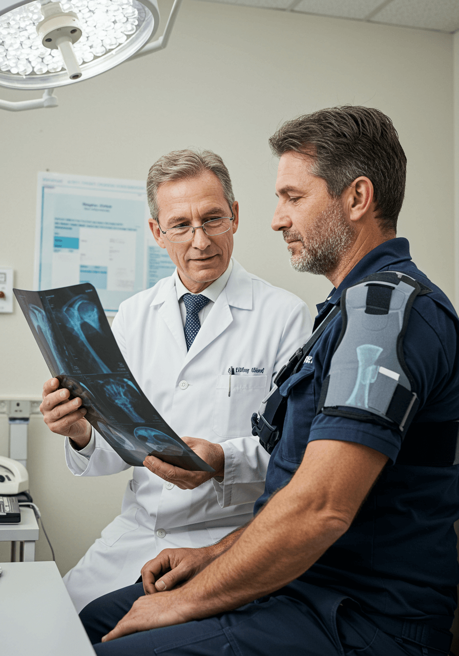 Doctor reviewing shoulder X-rays with a patient wearing a shoulder brace in a medical office.