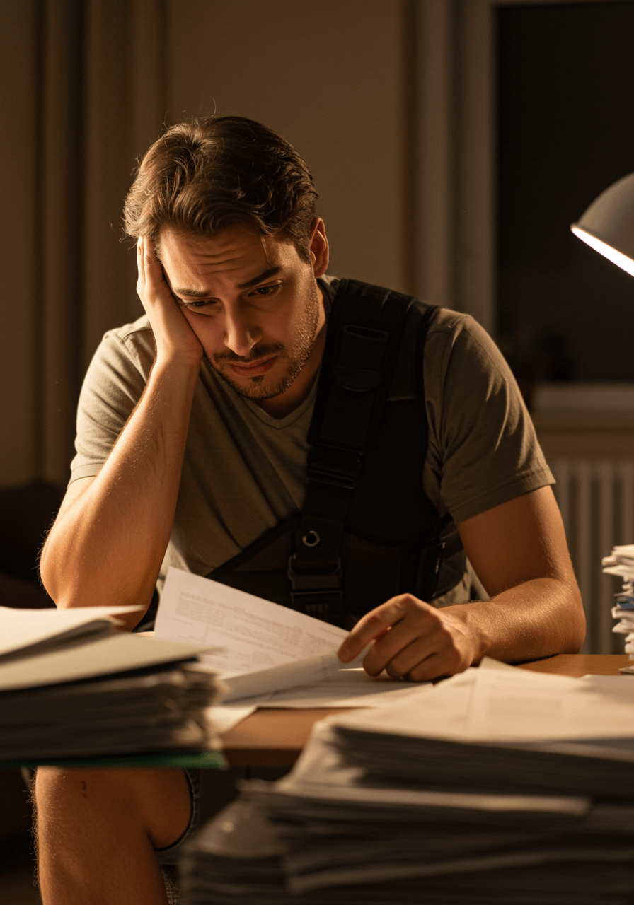 Frustrated man in a shoulder brace sitting at a desk, surrounded by stacks of paperwork, holding his head in his hand while reviewing documents.