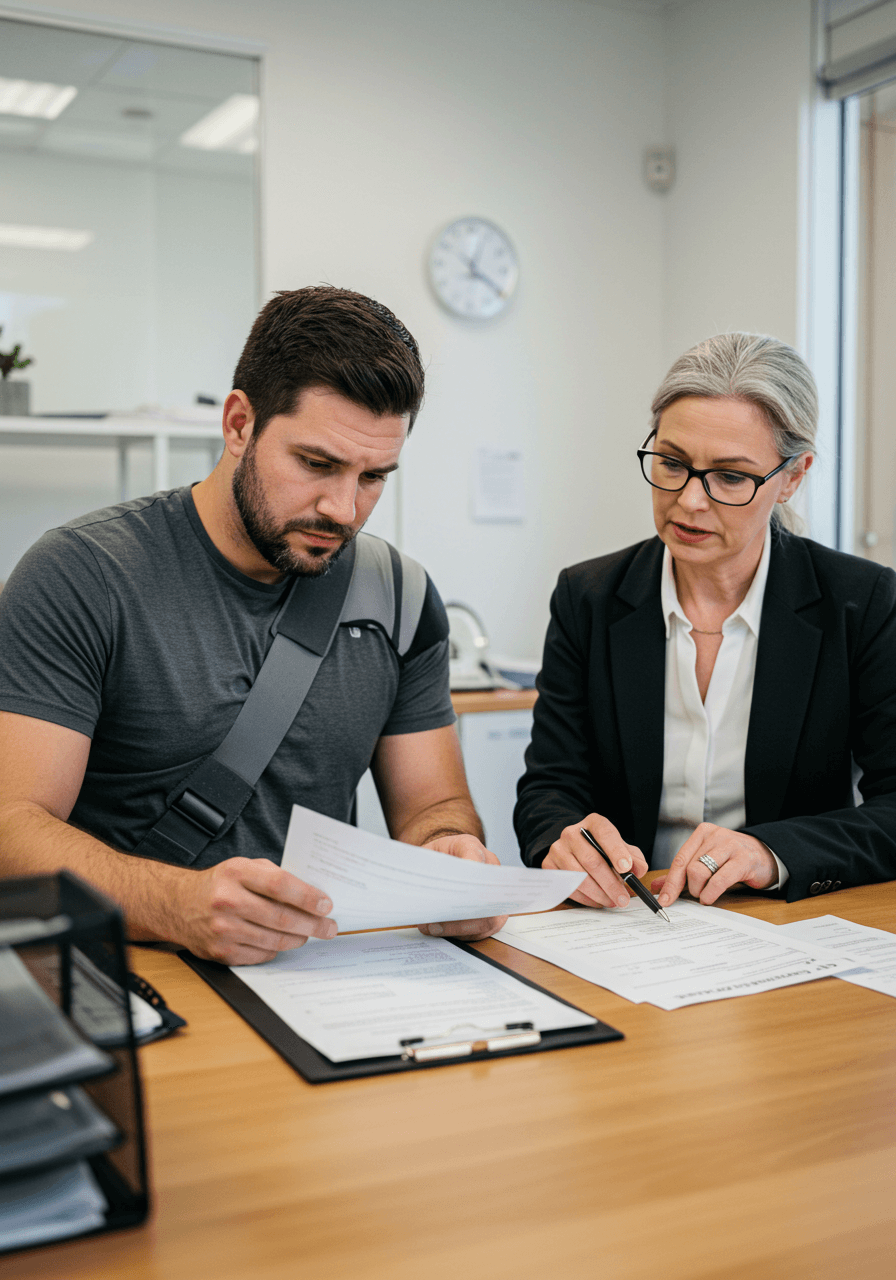 Injured worker in a shoulder brace reviewing legal documents with an attorney in a professional office setting.