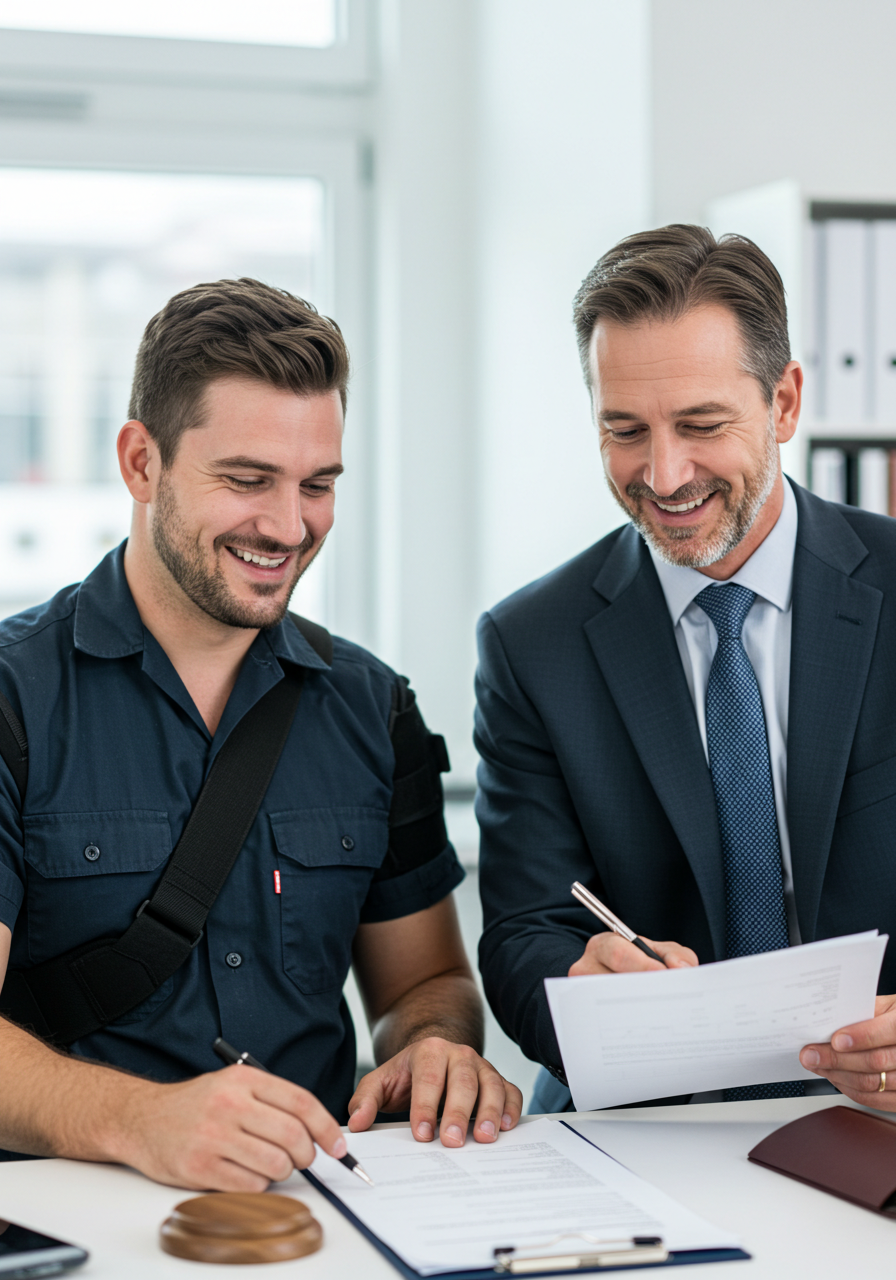 Smiling injured worker in a shoulder brace signing documents with a lawyer to finalize a workers' compensation settlement.