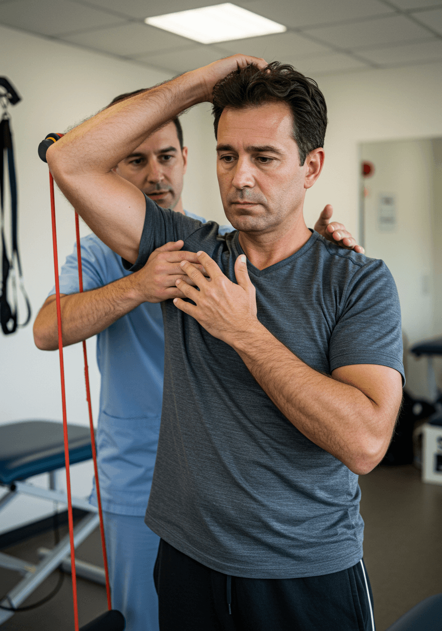 Physical therapist assisting a patient with a shoulder exercise using a resistance band in a medical rehabilitation setting.